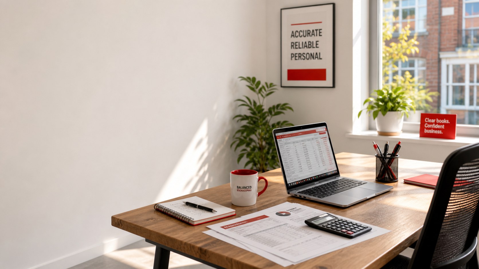 Payroll and bookkeeping desk with laptop and documents